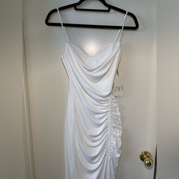 Zara White Asymmetrical Ruched Dress - Picture 11 of 13